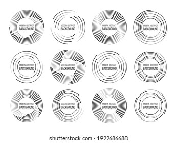 Set Of Speed Lines In Circle Form. Radial Speed Lines In Circle Form For Comic Books. Technology Round Logo. Black Thick Halftone Dotted Speed Lines.