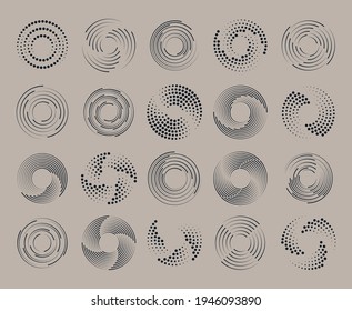 Set of speed lines in circle form. Radial speed Lines in Circle Form for comic books. Technology round Logo. Black thick halftone dotted speed lines.