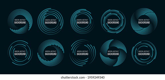 Set of speed lines in circle form. Radial speed Lines in Circle Form for comic books. Technology round Logo. Black thick halftone dotted speed lines.