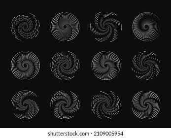Set of speed lines in circle form. Radial speed Lines in Circle Form for comic books. Technology round Logo. Black thick halftone dotted speed lines.