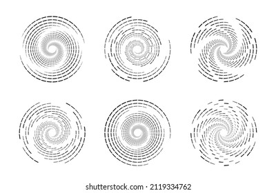 Conjunto de líneas de velocidad en forma circular. Líneas de velocidad radial en forma de círculo para historietas. Logo de la ronda tecnológica. Líneas de velocidad punteadas de media tonalidad negra y gruesa.