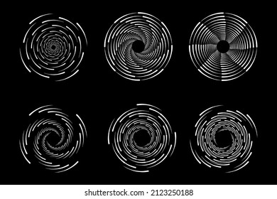 Set of speed lines in circle form. Radial speed Lines in Circle Form for comic books. Technology round Logo. Black thick halftone dotted speed lines