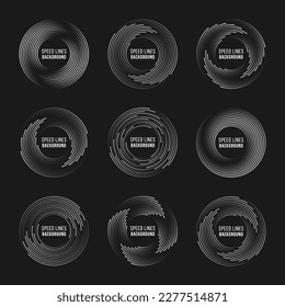 Set of speed lines in circle form. Radial speed Lines in Circle Form for comic books. Technology round Logo. Black thick halftone dotted speed lines.