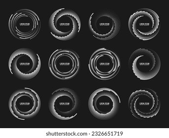 Set of speed lines in circle form. Radial speed Lines in Circle Form for comic books. Technology round Logo. Black thick halftone dotted speed lines.