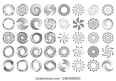 Set of speed lines in circle form. Radial speed Lines in Circle Form for comic books. Technology round Logo. Black thick halftone dotted speed lines.	
