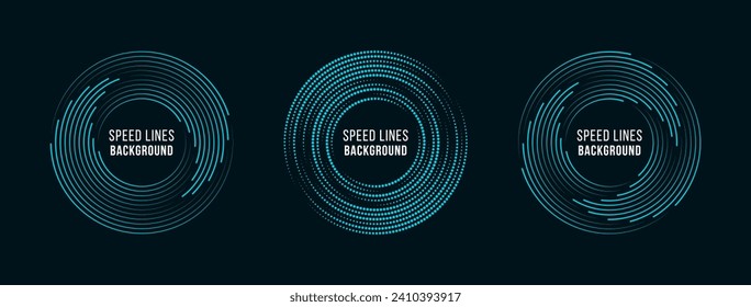 Conjunto de líneas de velocidad en forma circular. Líneas de velocidad radial en forma de círculo para historietas. Logo de la ronda tecnológica.
