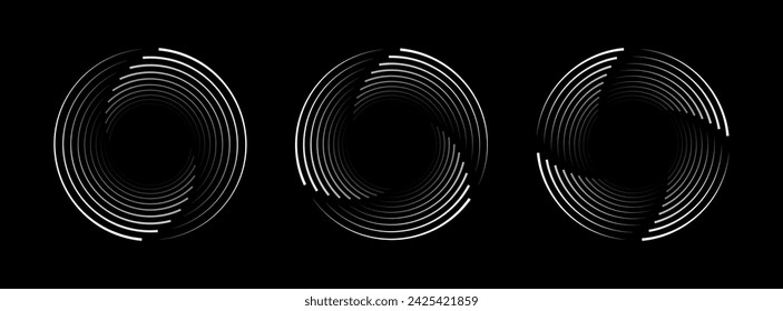 Set of speed lines in circle form. Abstract geometric circles with rotating radial lines. Design element for logo, prints, template or posters. Vector illustration.