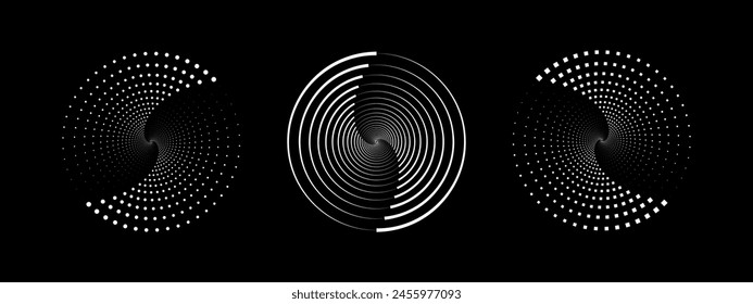 Set of speed lines in circle form. Halftone dotted speed lines. Abstract geometric circles with rotating radial lines. Design element for logo, prints, template or posters. Vector illustration.