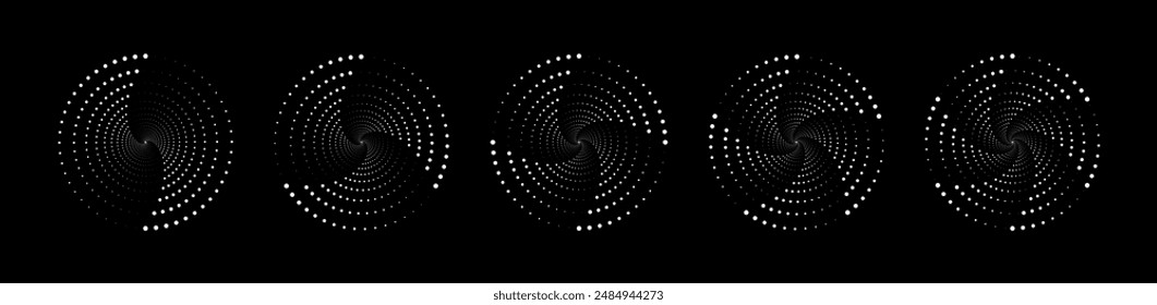 Set of speed lines in circle form. Halftone dotted speed lines. Abstract geometric circles with rotating radial lines. Design element for logo, prints, template or posters. Vector illustration