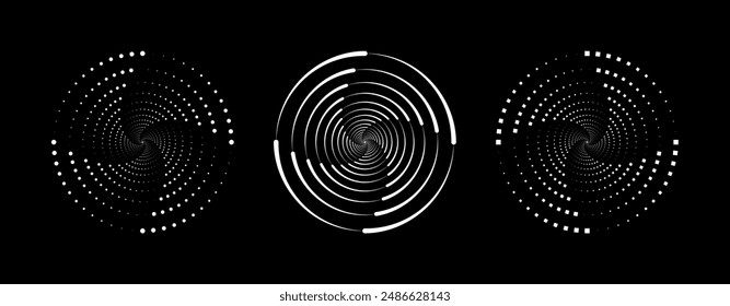 Conjunto de líneas de velocidad en forma de círculo. Líneas de velocidad punteadas de semitonos. Círculos geométricos Abstractas con líneas radiales giratorias que constan de cuatro secciones. Ilustración vectorial.