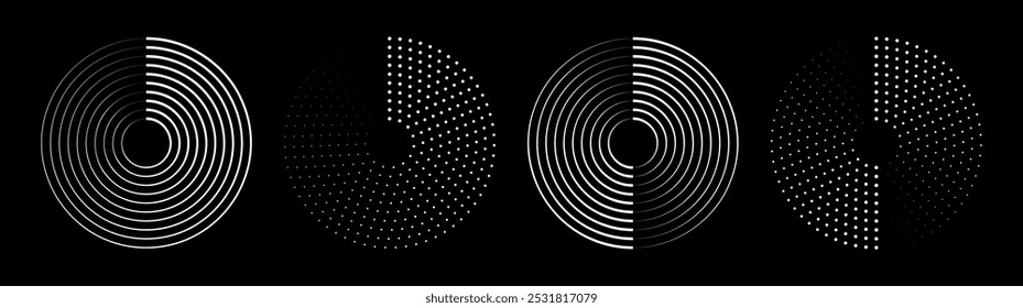 Conjunto de líneas de velocidad en forma de círculo. Líneas de velocidad punteadas de semitono. Círculos geométricos Abstractas con líneas radiales giratorias. Elemento de diseño para logo, estampados, Plantilla o carteles. Ilustración vectorial
