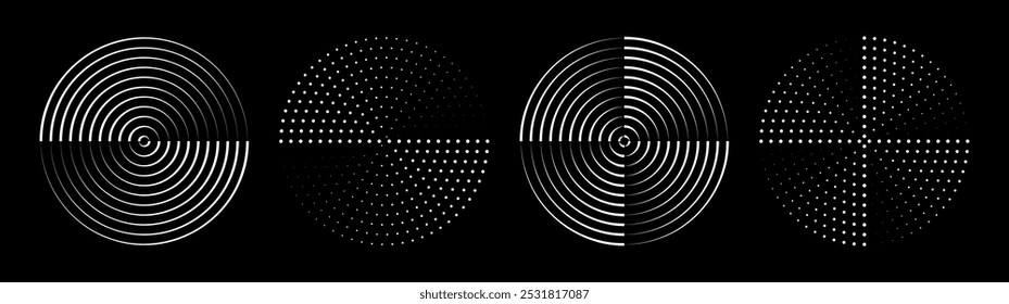 Set of speed lines in circle form. Halftone dotted speed lines. Abstract geometric circles with rotating radial lines. Design element for logo, prints, template or posters. Vector illustration
