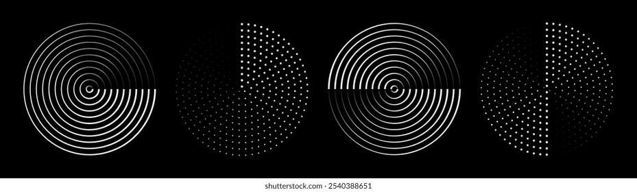 Set of speed lines in circle form. Halftone dotted speed lines. Abstract geometric circles with rotating radial lines. Design element for logo, prints, template or posters. Vector illustration