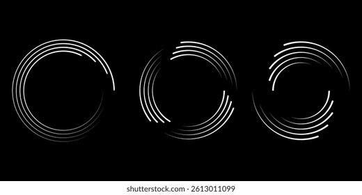 Set of speed lines in circle form. Radial speed Lines in Circle Form for comic books. Technology round Logo. Black thick halftone dotted speed lines.