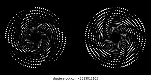 Set of speed lines in circle form. Radial speed Lines in Circle Form for comic books. Technology round Logo. Black thick halftone dotted speed lines.