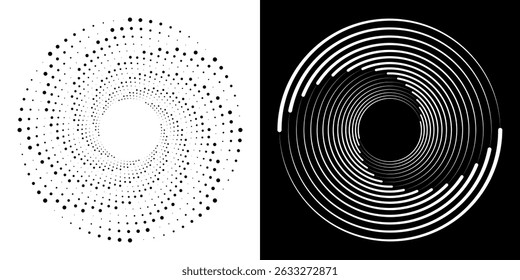 Set of speed lines in circle form. Radial speed Lines in Circle Form for comic books. Technology round Logo. Black thick halftone dotted speed lines.
