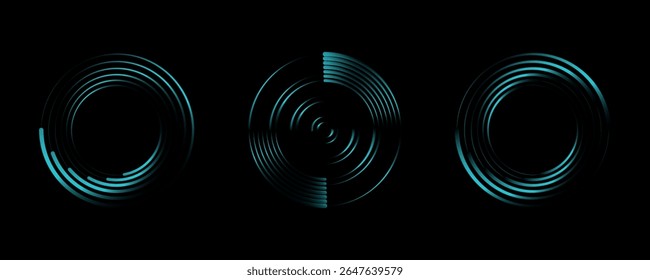 Set of speed lines in circle form. Radial speed Lines in Circle Form for comic books. Technology round Logo. Black thick halftone dotted speed lines.