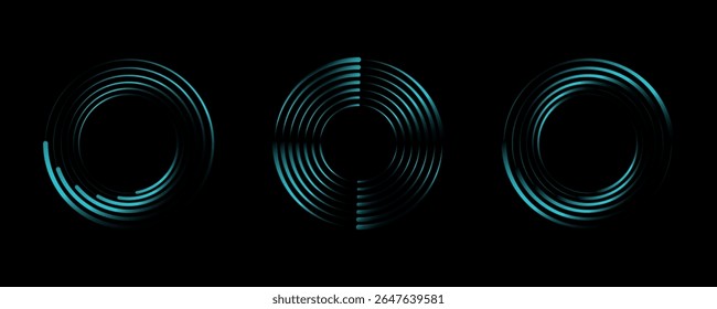 Set of speed lines in circle form. Radial speed Lines in Circle Form for comic books. Technology round Logo. Black thick halftone dotted speed lines.