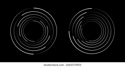 Set of speed lines in circle form. Radial speed Lines in Circle Form for comic books. Technology round Logo. Black thick halftone dotted speed lines.