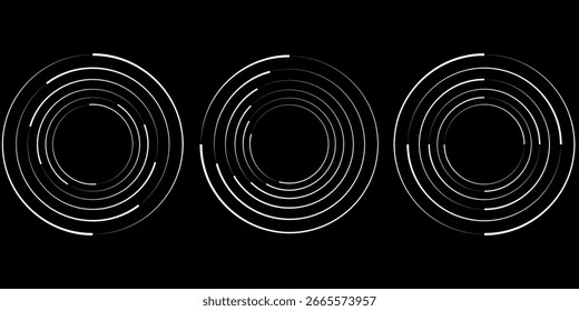 Set of speed lines in circle form. Radial speed Lines in Circle Form for comic books. Technology round Logo. Black thick halftone dotted speed lines.
