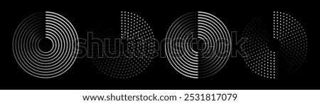 Set of speed lines in circle form. Halftone dotted speed lines. Abstract geometric circles with rotating radial lines. Design element for logo, prints, template or posters. Vector illustration
