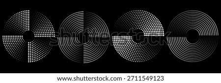 Set of speed lines in circle form. Halftone dotted speed lines. Abstract geometric circles with rotating radial lines. Design element for logo, prints, template or posters. Vector illustration.