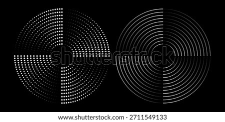 Set of speed lines in circle form. Halftone dotted speed lines. Abstract geometric circles with rotating radial lines. Design element for logo, prints, template or posters. Vector illustration.