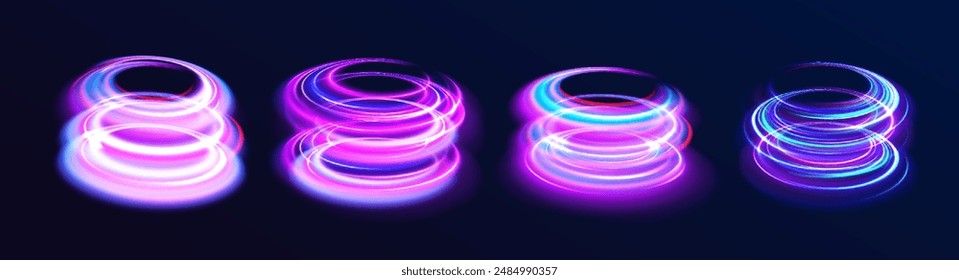 Set of speed lines in circle shape of neon colors for your design. Curve light effect of blue line. Luminous blue circle.	