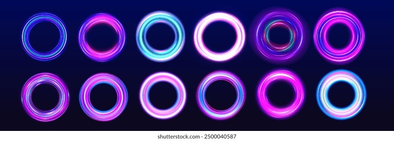 Conjunto de líneas de velocidad en forma de círculo de colores de neón para su diseño. Efecto de luz de curva de línea azul. Círculo azul luminoso.	