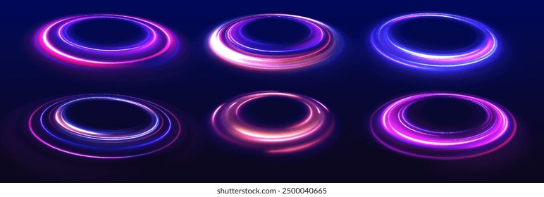 Set of speed lines in circle shape of neon colors for your design. Curve light effect of blue line. Luminous blue circle.	