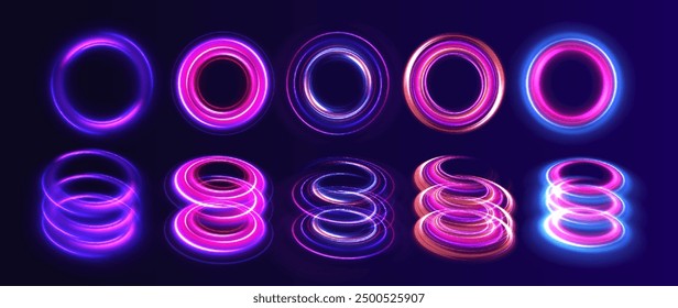 Set of speed lines in circle shape of neon colors for your design. Curve light effect of blue line. Luminous blue circle.	