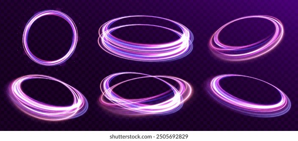 Set of speed lines in circle shape of neon colors for your design. Glowing spiral. Abstract neon color glowing lines background. 