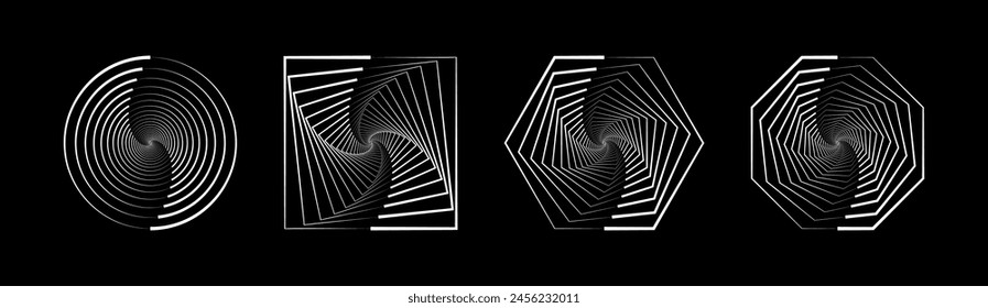 Satz von Geschwindigkeitslinien in Kreis-, Quadrat-, Sechseck- und Achteckform. Abstrakte geometrische Formen mit rotierenden Radiallinien. Gestaltungselement für Logo, Drucke, Vorlage oder Plakate. Vektorillustration.