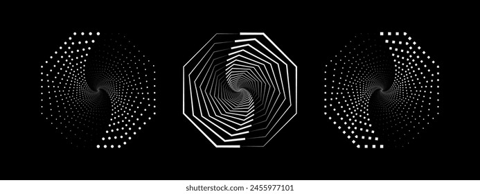 Satz von Geschwindigkeitslinien in Achteckform. Graue gepunktete Geschwindigkeitslinien. Abstrakte geometrische Achtecke mit rotierenden Radiallinien. Gestaltungselement für Logo, Drucke, Vorlage oder Plakate. Vektorillustration.