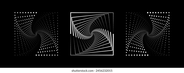 Set of speed lines in square form. Halftone dotted speed lines. Abstract geometric squares with rotating radial lines. Design element for logo, prints, template or posters. Vector illustration.