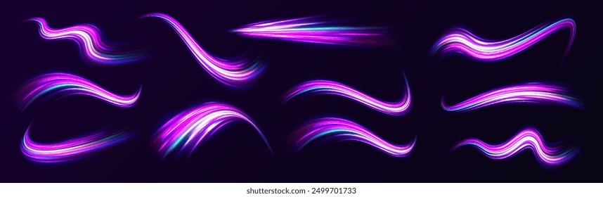 Set of speed lines for your design. Expressway, car headlight effect. Speed connection vector background.	