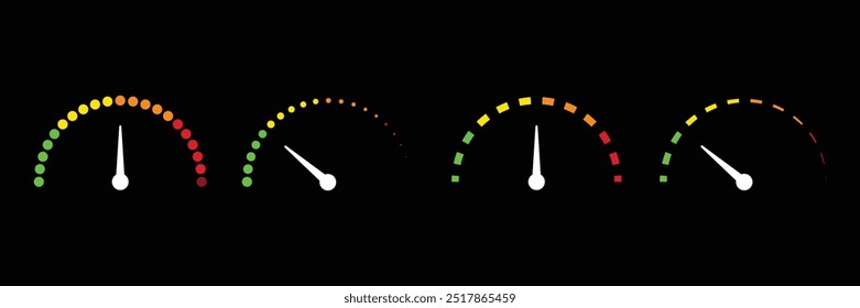 Conjunto de colección de ícono de medidor de velocidad con colorido.  Indicador con símbolo de bajo a alto. Ilustración vectorial.