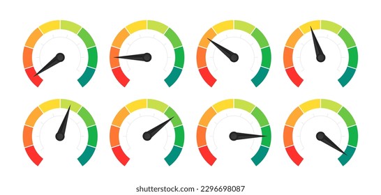Conjunto de indicadores de rendimiento de velocidad. Gálibo del tanque de gas. Barra de nivel de aceite. Medidor de riesgo. Medidor de satisfacción. Escala del velocímetro. Juego de indicadores de bajo a alto. Logotipo de velocidad. Velocímetro. Ilustración del vector
