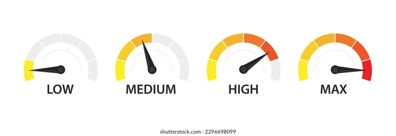 Set of speed performance gauges. Gas tank gauge. Oil level bar. Risk meter. Satisfaction meter. Speedometer scale. Set of gauges from low to high. Speed Logo. Speedometer. Vector illustration