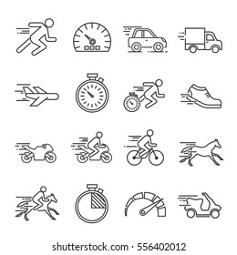 Set of speed Related Vector Line Icons. Includes such Icons as, speedometer, aircraft speed, car, motobike, running, horse speed, stopwatch