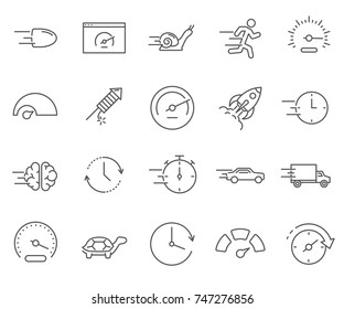 Set of speed Related Vector Line Icons. Includes such Icons as  speedometer,  rocket, snail, turtle, time and more.