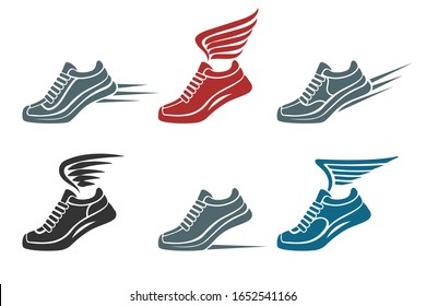 Juego de velocidad de correr y aladas zapatillas deportivas emblema o icono. Ilustración vectorial.