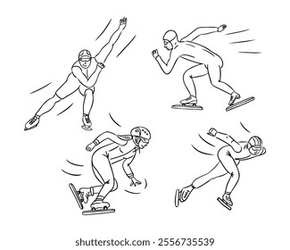 Set of speed skating illustrations with athletes in dynamic action poses. Vector winter sport outline black and white drawing isolated on white background