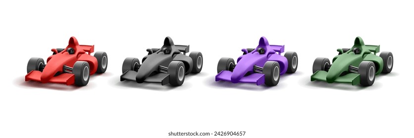 Conjunto de coches deportivos de velocidad, ilustración de renderizado 3d de coche de carreras rápido, modelo realista moderno en diferentes colores