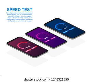 Set  Speed test on smartphone. Speedometer Internet Speed 100 mb. Website speed loading time. Vector stock illustration.