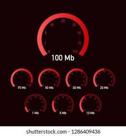 Set Speed test. Speedometer Internet Speed. Website speed loading time. Vector stock illustration.