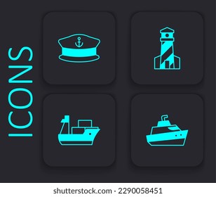 Set Speedboat, Captain hat, Lighthouse and Cargo ship icon. Black square button. Vector