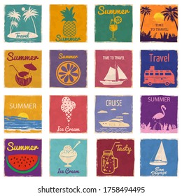 Set Speedboat Pineapple Cocktail Sailboat Slice Orange Seaside Sunset Ice Cream Flamingo vintage cards poster. Textured grunge effect retro card with text Cruise Summer. Vector illustration silhouette