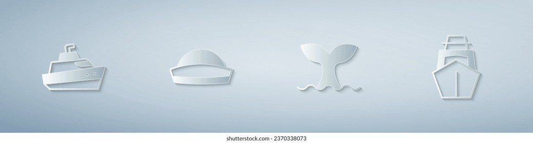 Set Speedboat, Sailor hat, Whale tail and Yacht sailboat. Paper art style. Vector