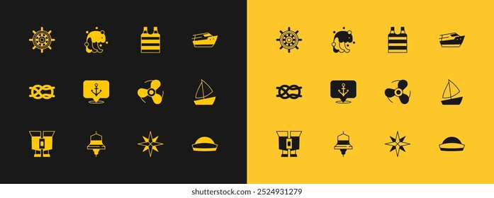 Set Speedboat, Ship bell, Boat propeller, Wind rose, Anchor, Striped sailor t-shirt, steering wheel and Tsunami icon. Vector